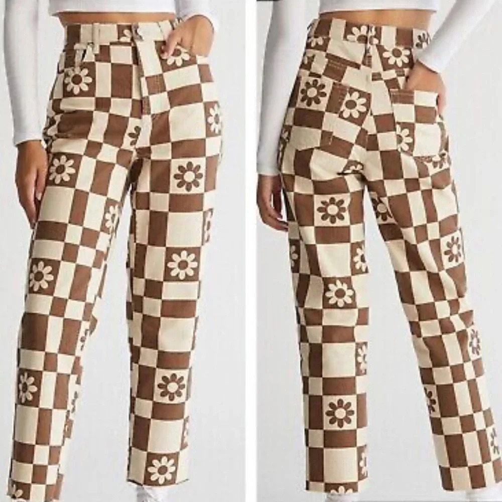 Pacsun Jeans Womens 22 (XS) Eco Flower Checkerboard Button Fly High Rise Frayed